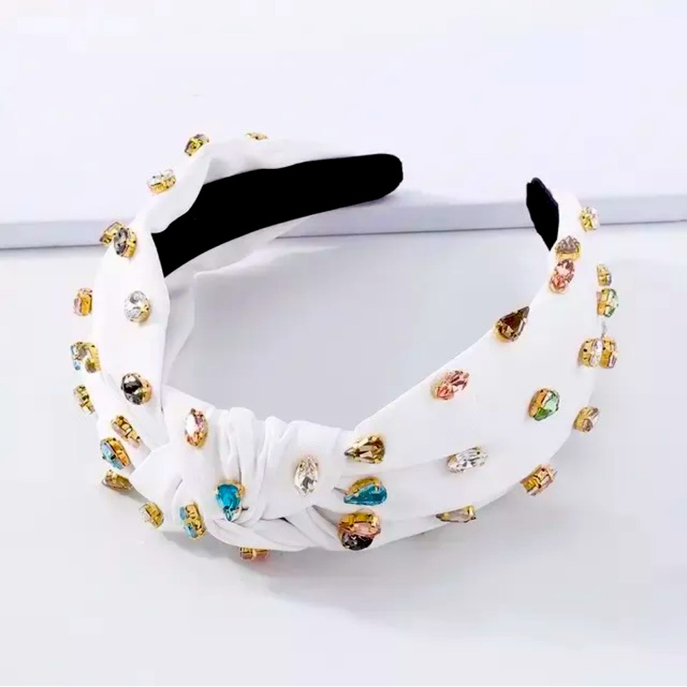 Women’s White Knotted Jeweled Headband Embellished Top Hairband Twist Style